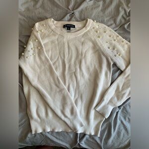 International Concepts White Crew Neck Knit Sweater Pearl Shoulders